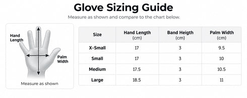 Glove sizing guide showing hand length, band height, and palm width measurements in centimetres for sizes X-Small to Large